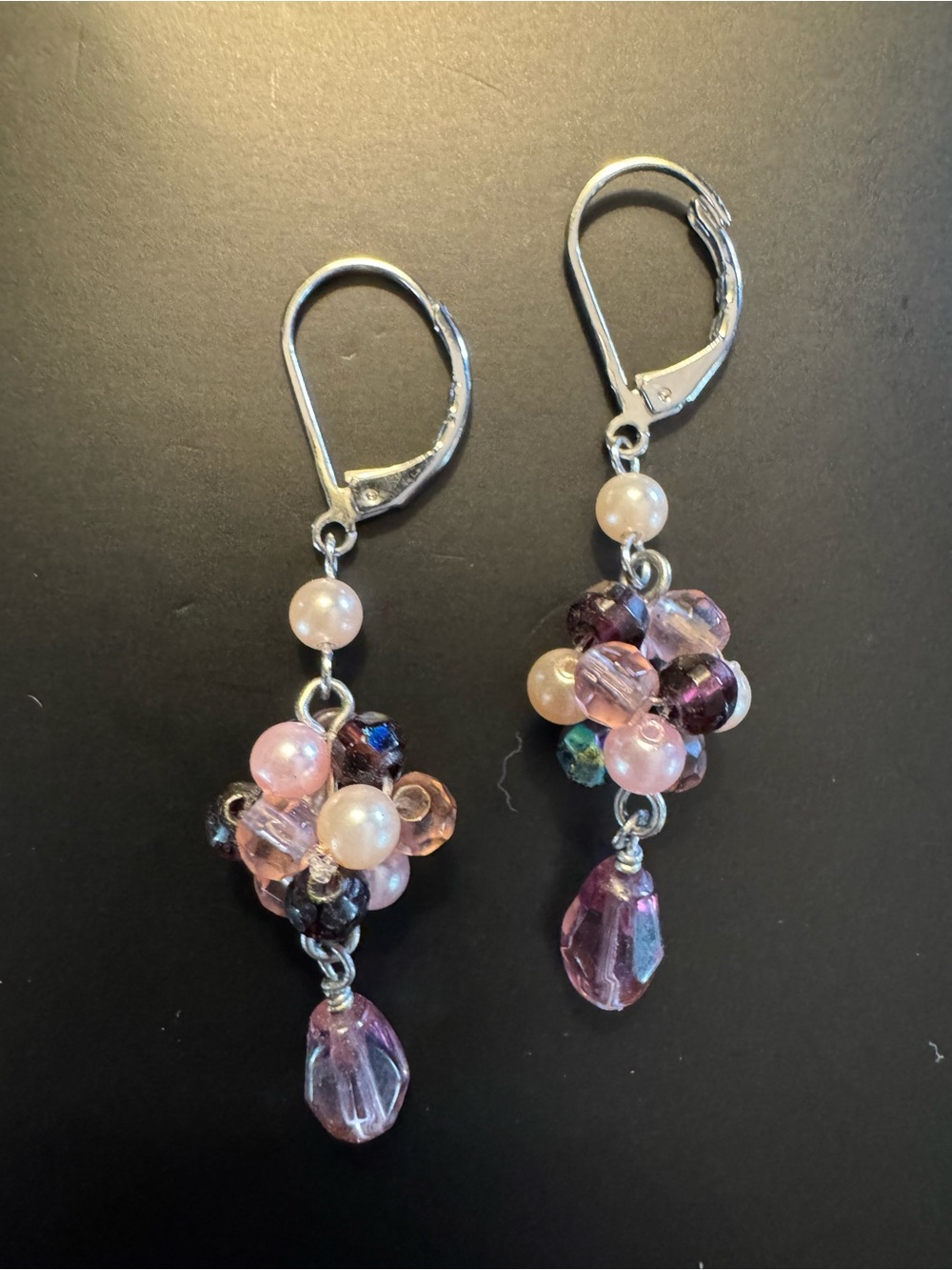 Pearl & Amethyst Bead Cluster Leverback Earrings